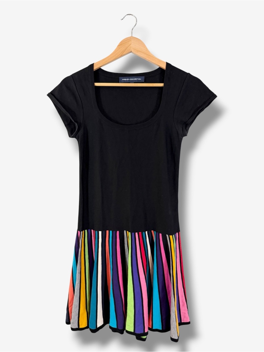 French Connection Rainbow Stripe Drop Waist Dress Size 8 Black Fit & Flare